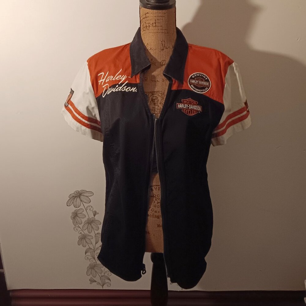 HD lady biker short sleeve zip-up motorcycle top